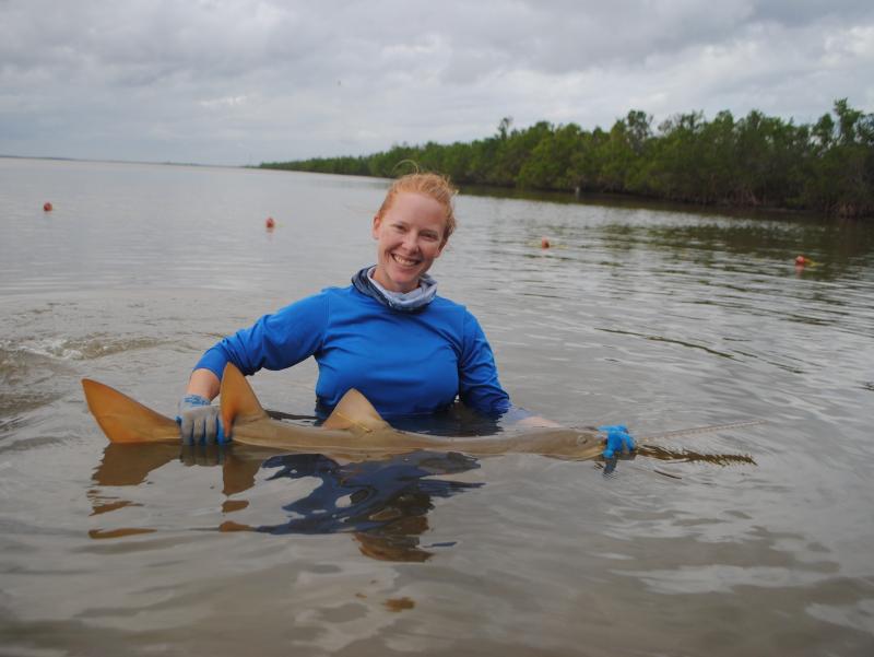 A woman standing in water holding a sawfish