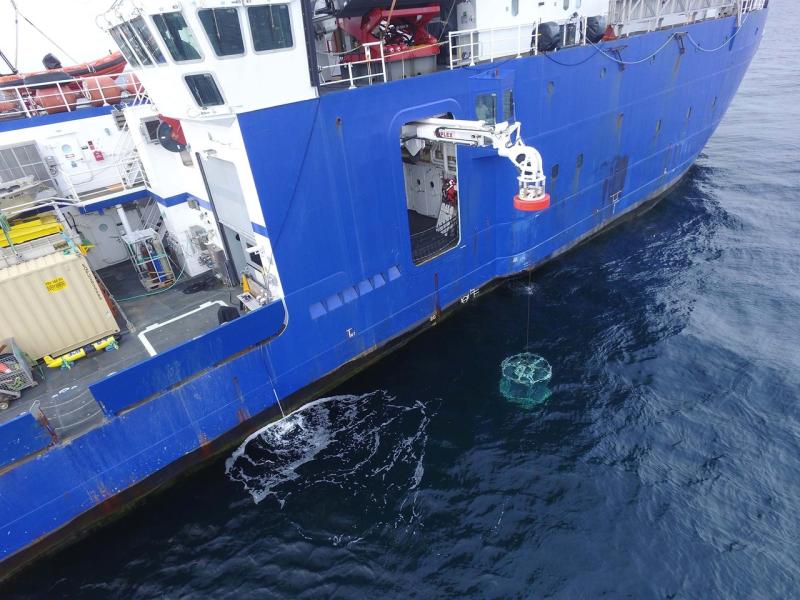 Aerial view of water sampling, crane lowering equipment off the side of the vessel. 