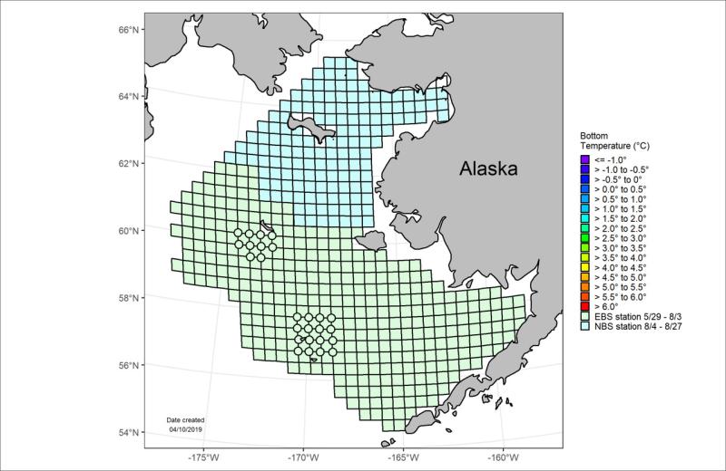 Map showing survey grid in the Bering Sea during the Bottom Trawl Surveys that measure the temperatures at the bottom of the ocean 