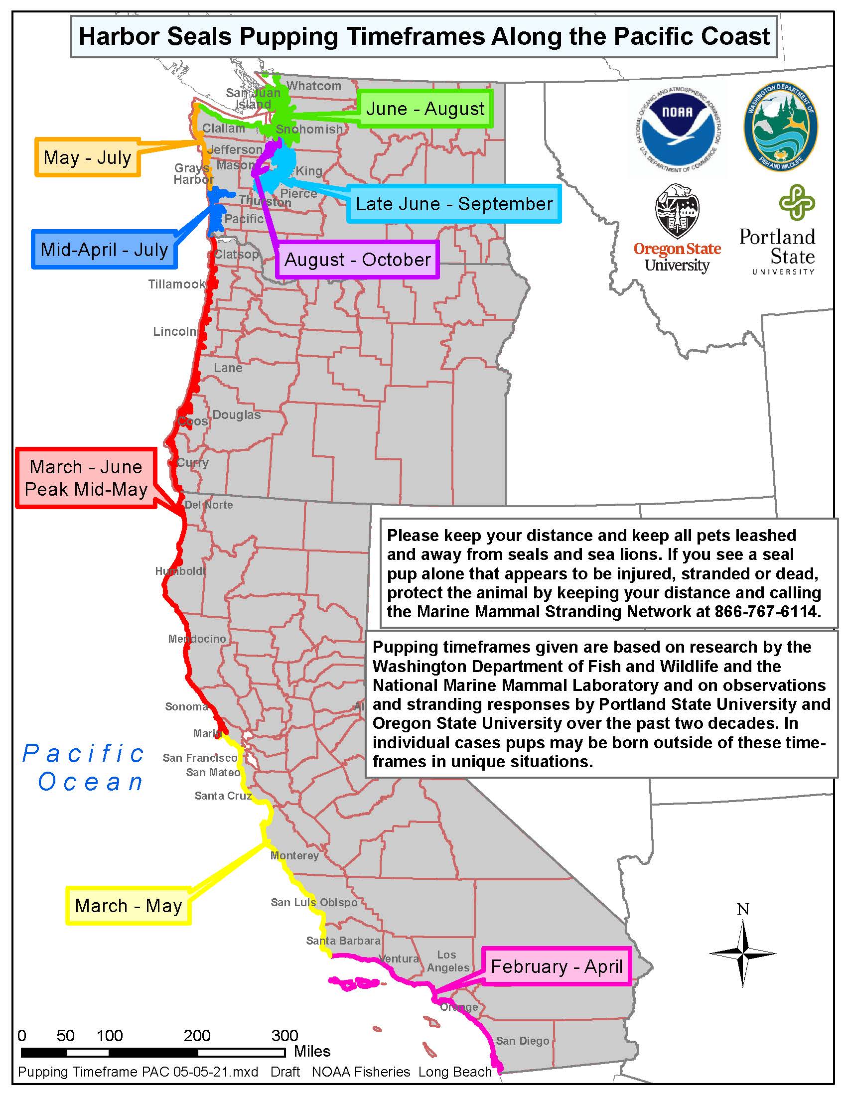 Map of the West Coast showing areas of Harbor Seal pupping