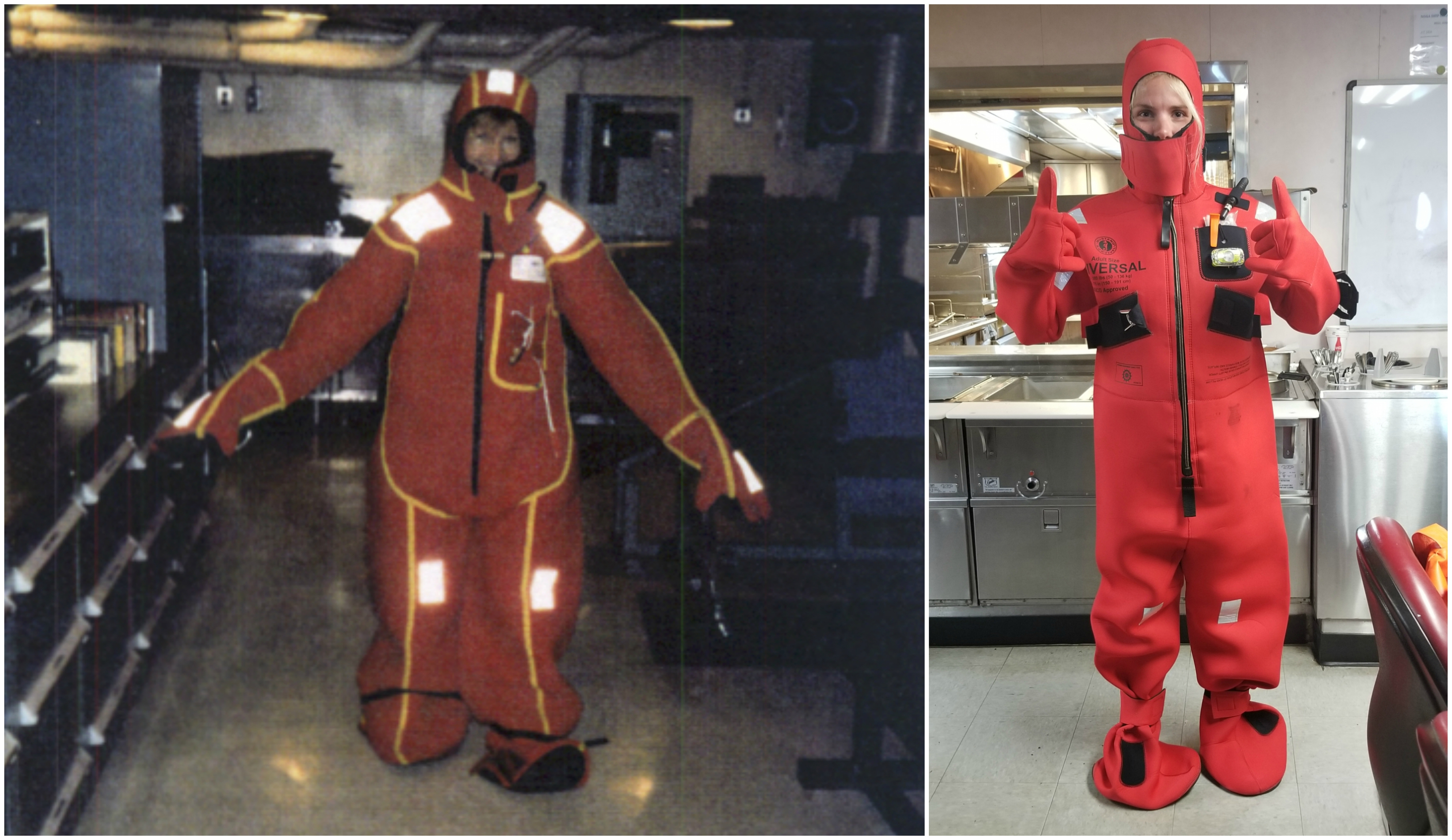 A regular part of safety drills involves donning bright orange 'survival suits.' Virginia Figura (left) sailed on now-decommissioned NOAA Ship Miller Freeman in 1993, while Callie Harris (right) sailed on NOAA Ship Oscar Dyson in 2019.