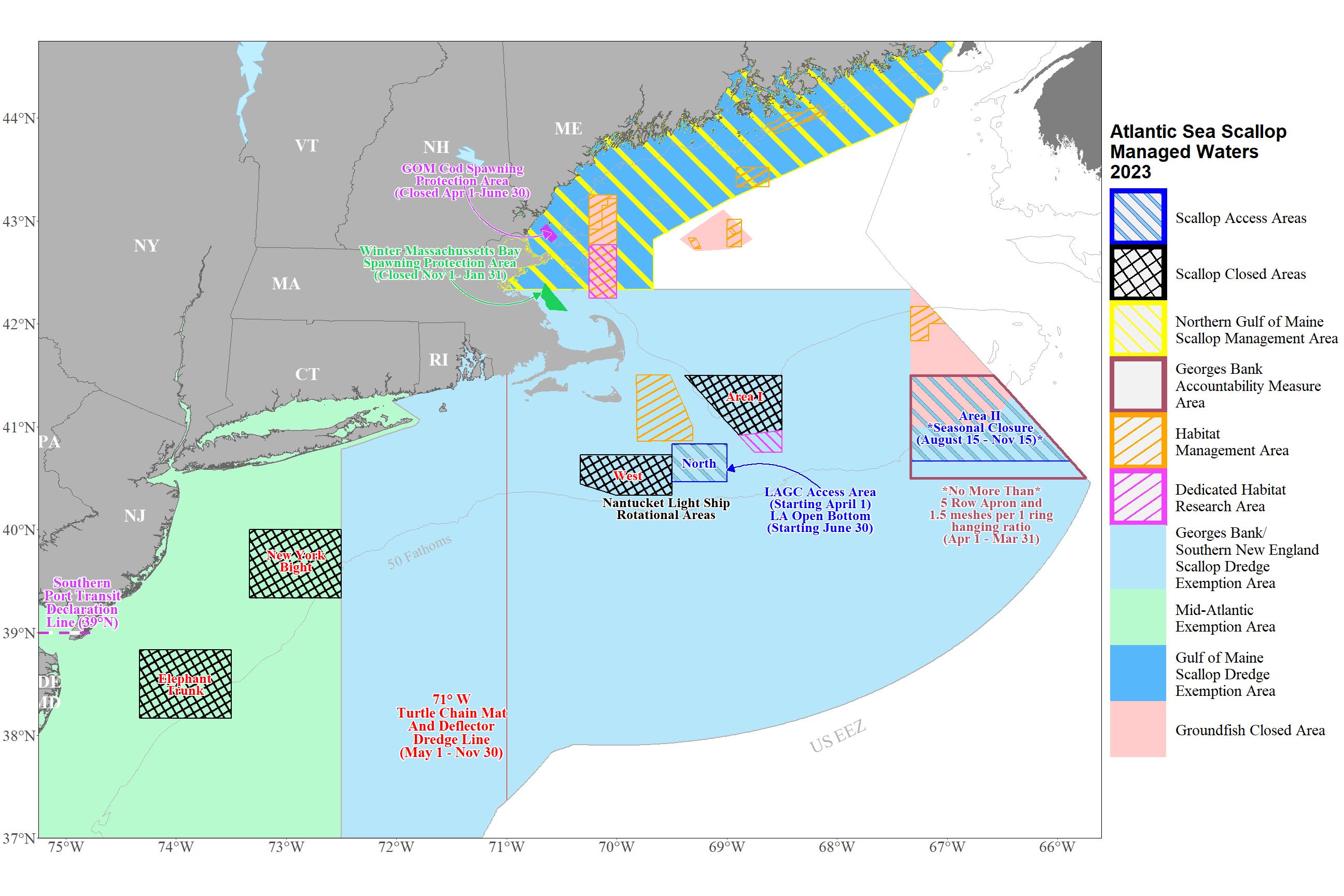 Map of management areas relevant to Atlantic sea scallop for fishing year 2023