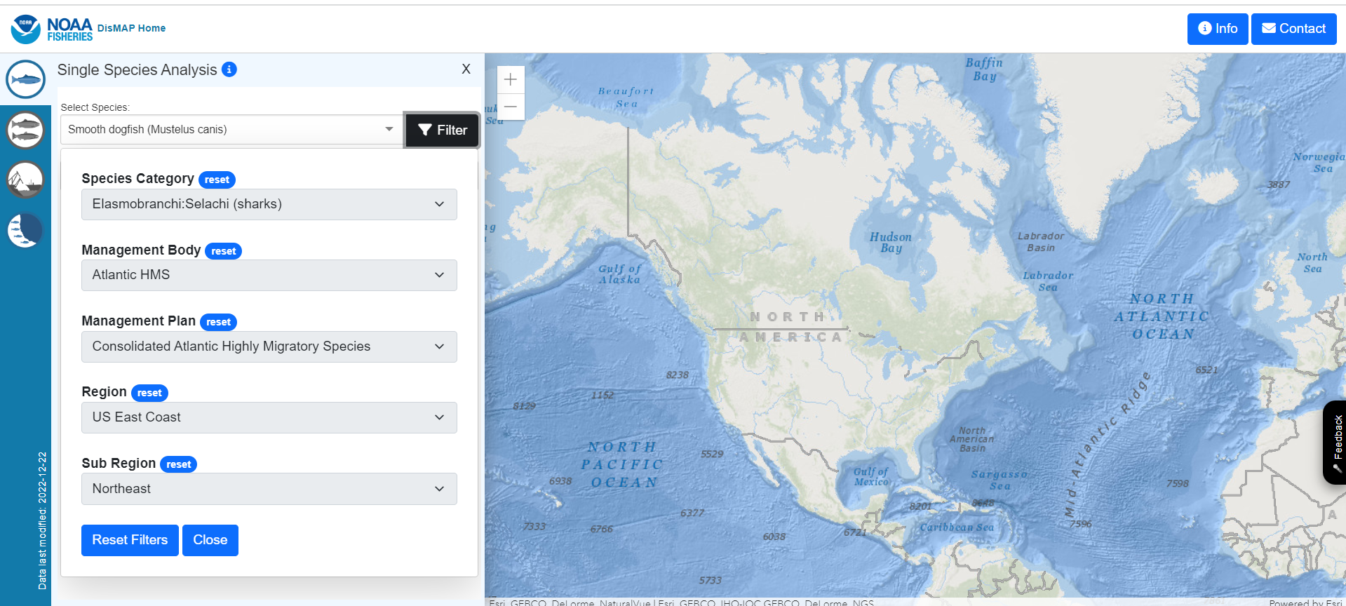 Screenshot of DisMAP interface which displays a large map of North America and surrounding waters with a filtering menu on the left hand side of the screen.