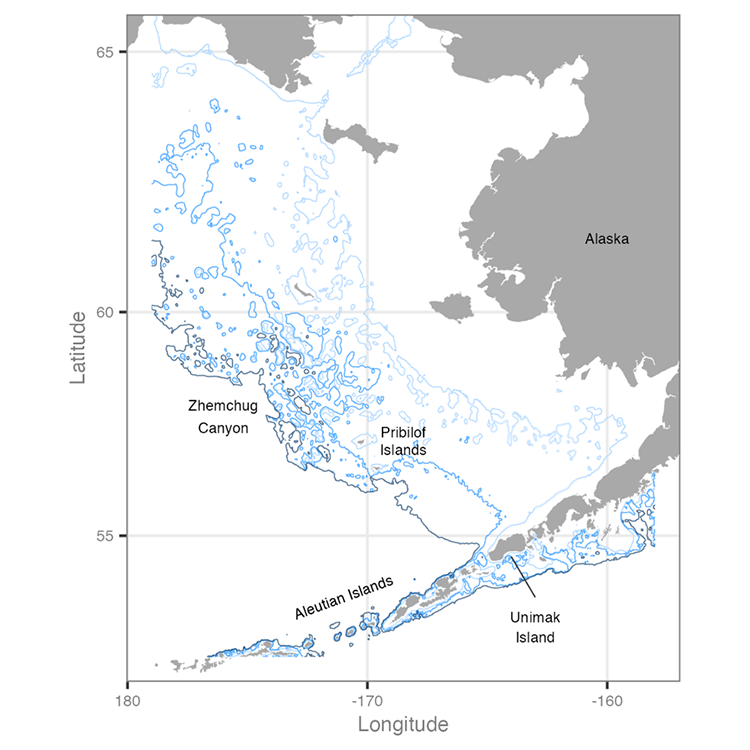 Map of the eastern Bering Sea with names indicating locations of historical and contemporary Pacific cod spawning aggregations.