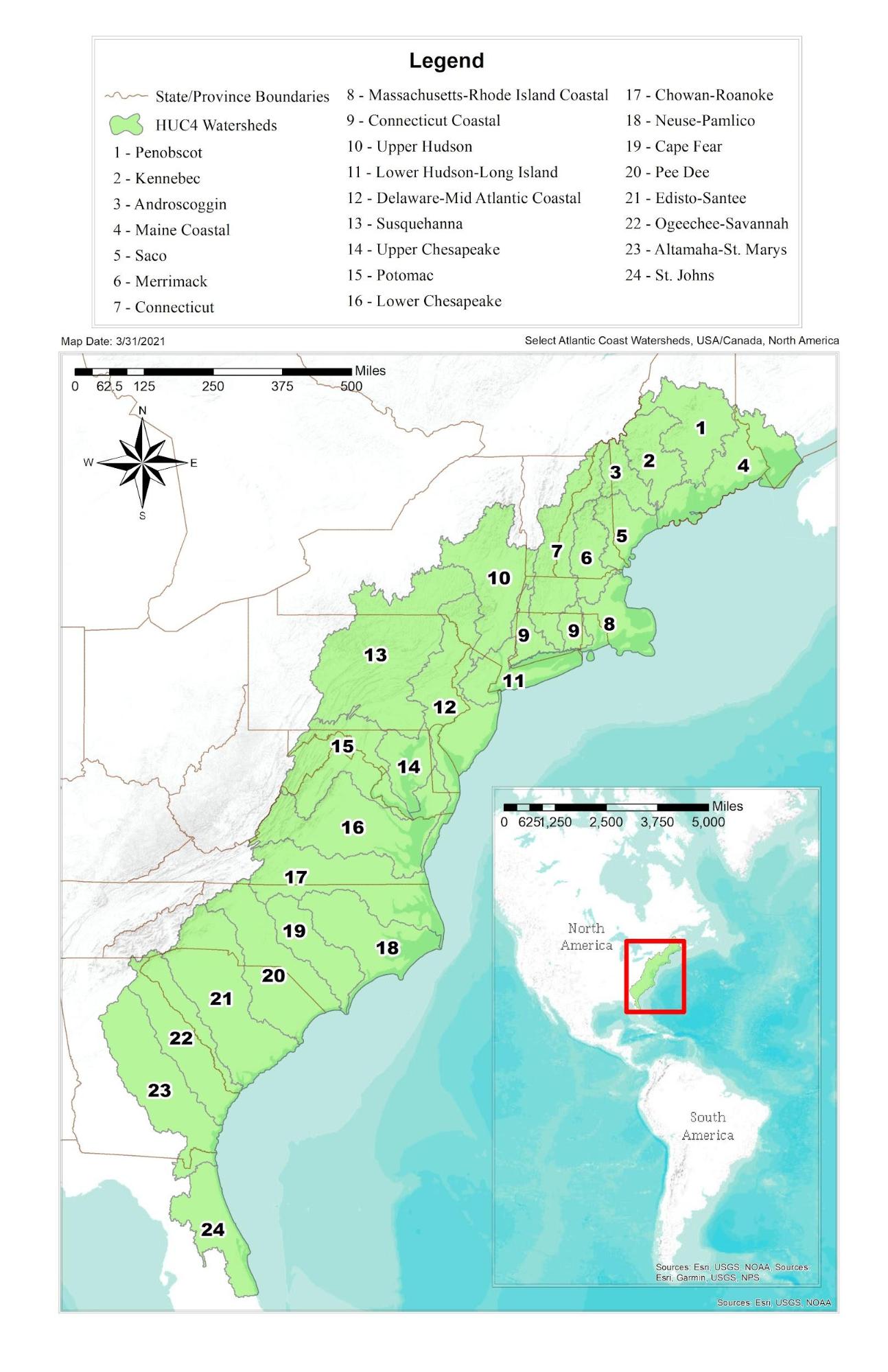 Map of the four-digit Hydrologic Unit Codes Atlantic Coast watersheds considered in the River Herring Habitat Conservation Plan.