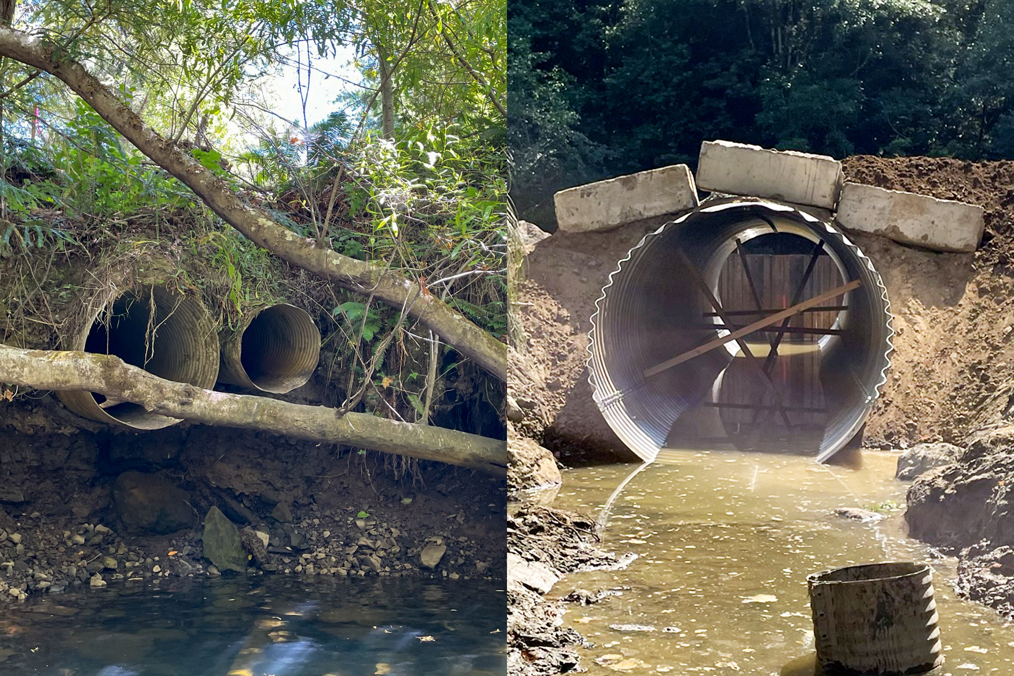 Orginal culverts at the Dry Dock Gulch site (left) versus the new culvert (right).