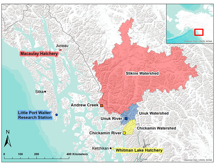 Hatcheries locations marked with a circle and wild salmon marked with a square on a map of Alaska