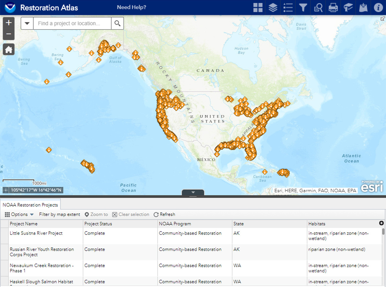 dam-migration-miss/1280_CHKSRyREmS1W.jpg Restoration Atlas screenshot showing NOAA community-based restoration projects