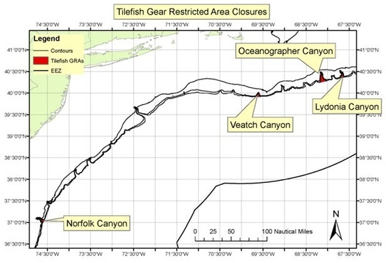 Map of tilefish gear restricted area closures showing Norfolk Canyon, Veatch Canyon, Lydonia Canyon, and Oceanographer Canyon