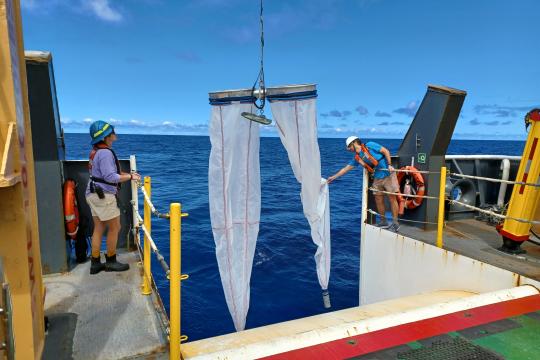 Two researchers stand on each side of two bongo nets and inspect them while aboard a ship.