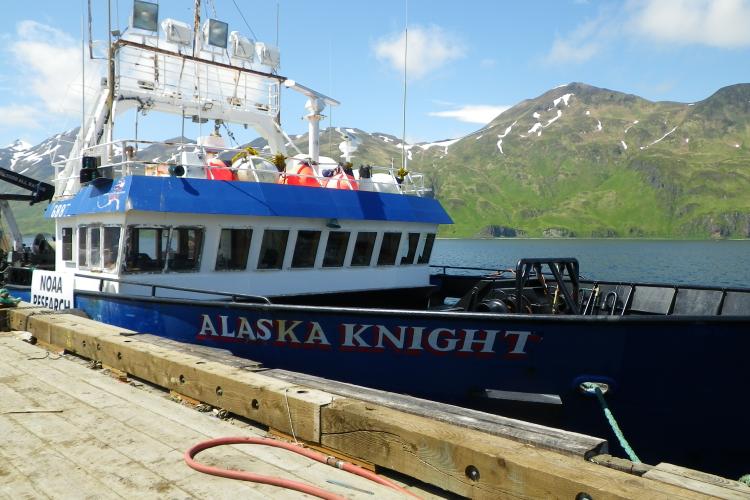 Photo of the chartered research vessel Alaska Knight at dock.