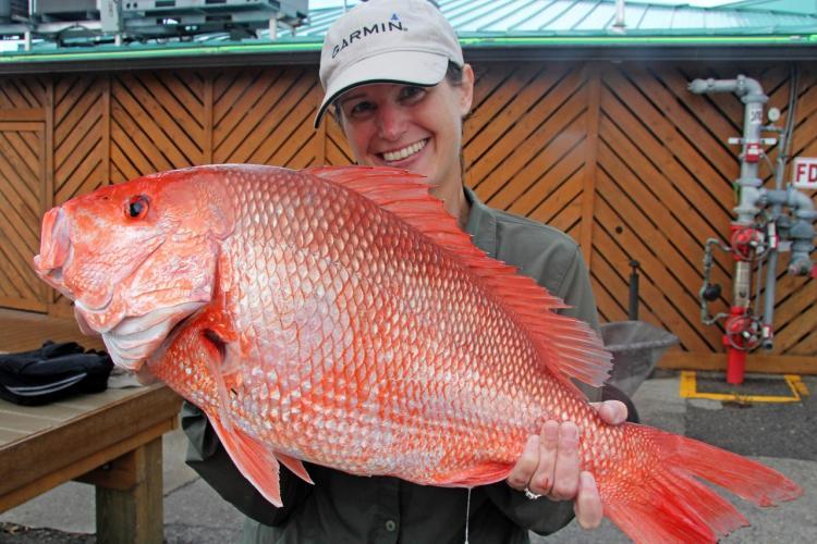 A white woman wearing a baseball cap and green jacket smiles and holds a large red snapper with both hands. 