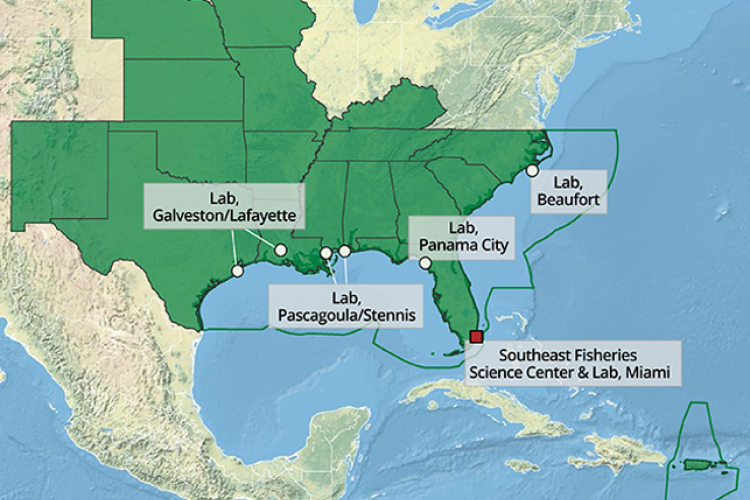 Map of the Southeast Fisheries Science Center region.