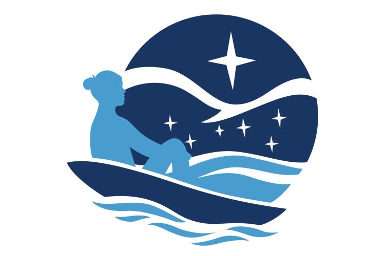 Logo of woman on canoe in water with stars and NOAA seagull overlay in sky