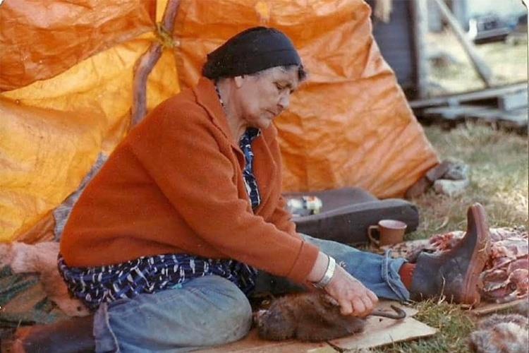Woman skinning muskrats