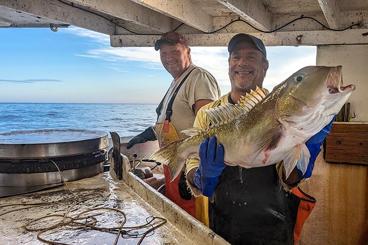 wo commercial fishermen wearing foul weather gear, blue rubber gloves, and baseball hats smile ear-to-ear while one holds a large golden tilefish. The golden tilefish has a white underside and its dorsal side, head, and dorsal fin are flecked with yellow and gold tones.
