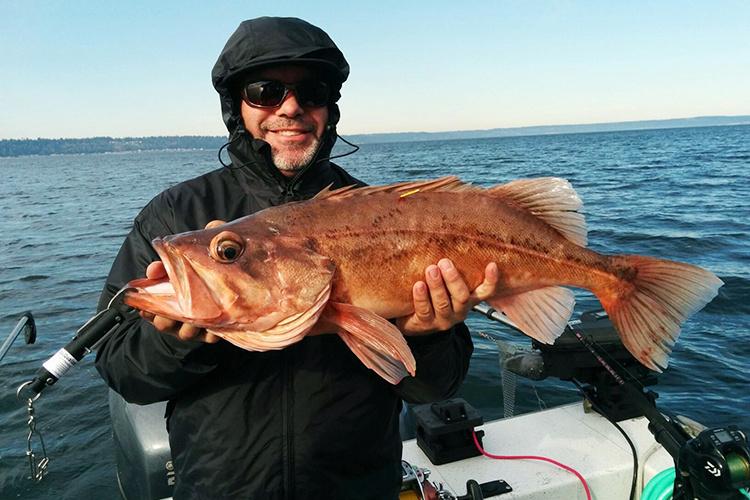 Fisherman wearing hooded raincoat and sunglasses holds up big, open-mouthed, orange Bocaccio fish with both hands.