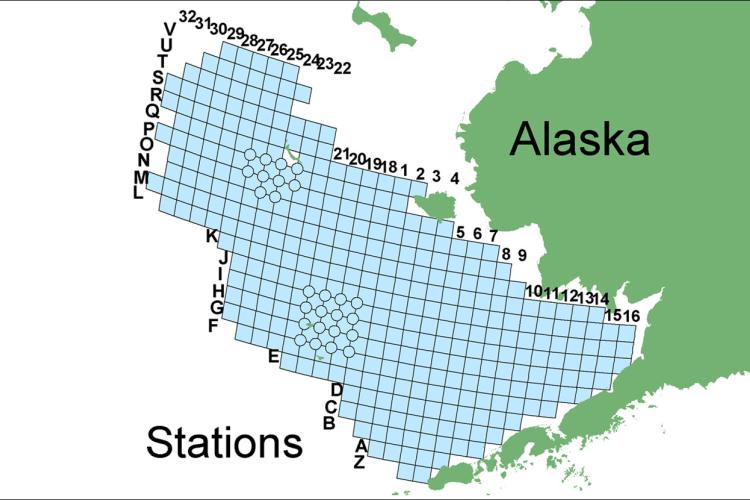 Grid over the water surrounding Alaska, colored in green. 