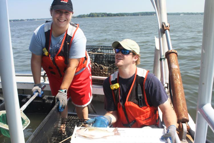 Two college students are on board a NOAA research vessel. The young woman and young man are each wearing baseball caps and lifejackets. She is holding a net; he is holding a board with a fish on it.