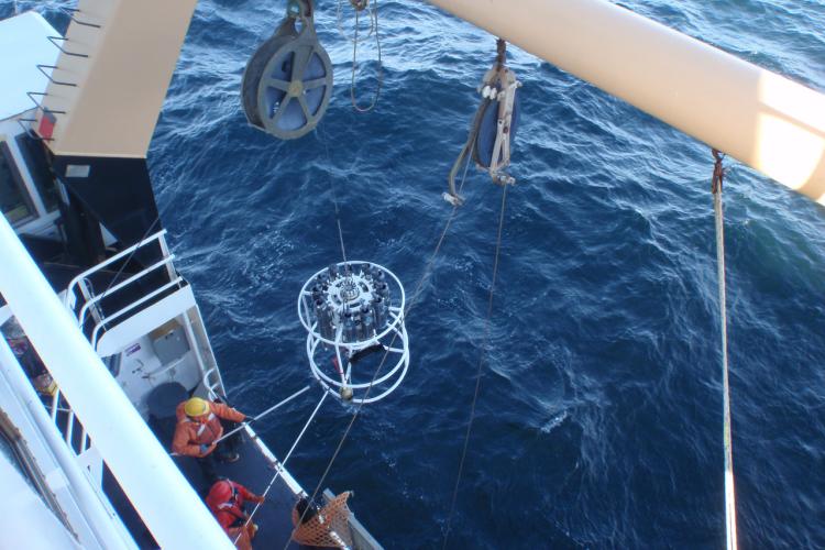 Man in orange suit deploying scientific equipment into the ocean