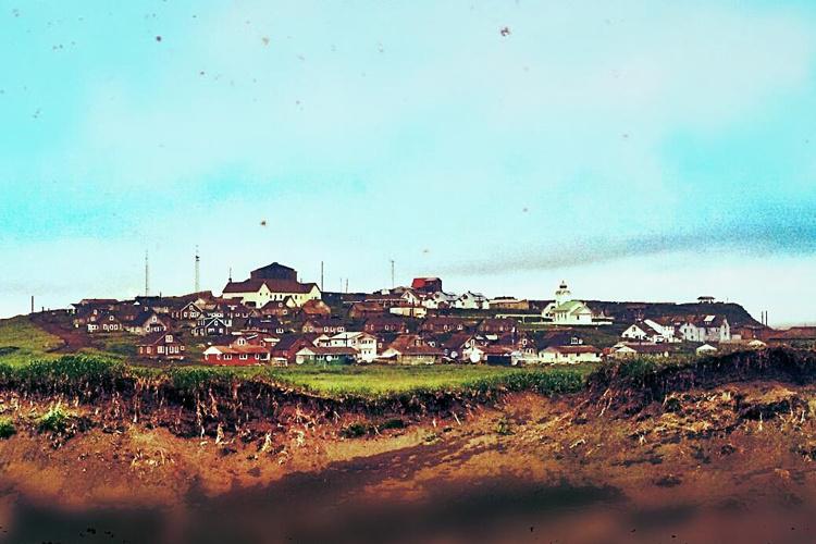 View of St. Paul Alaska, town on top of large green island.