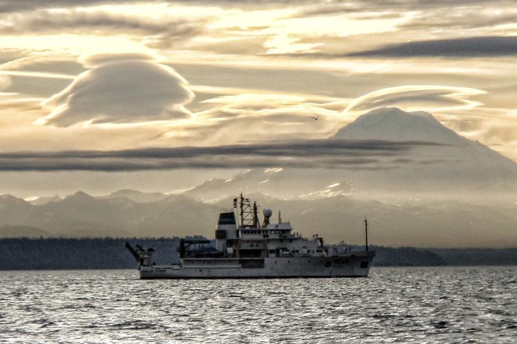 Boat on the water with a mountain in the background 