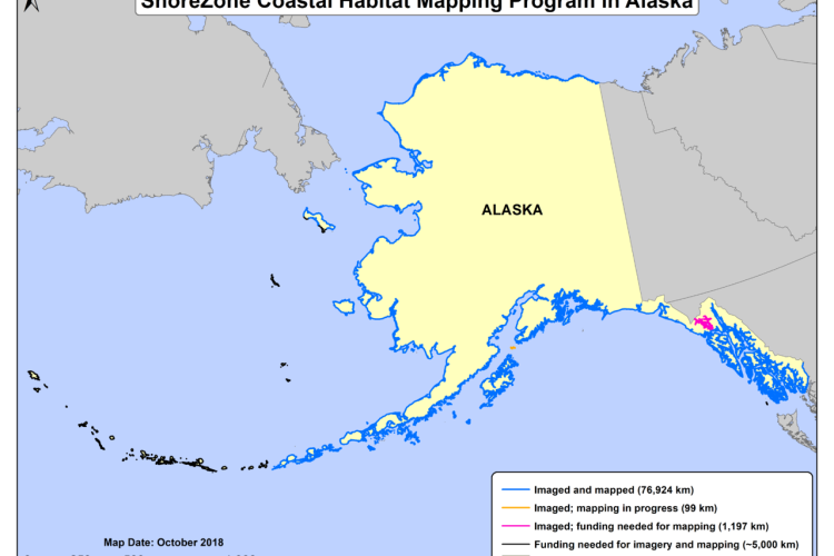 map of Alaska showing extent of Shorezone mapping completed