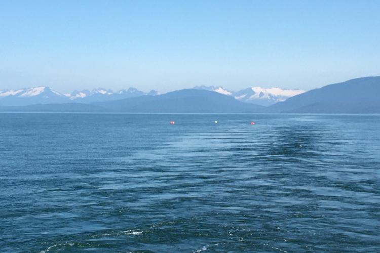 Icy waters in Alaska with mountains in the background
