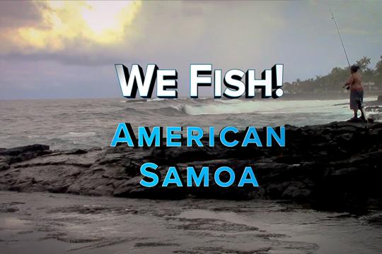 American Samoa landscape background with a man fishing near rocks. Title of video center aligned.
