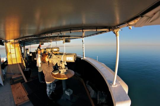 Survey team aboard a vessel looking for vaquitas at sea