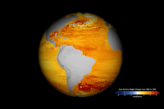 Graphic of globe showing sea surface height change from 1992 to 2019