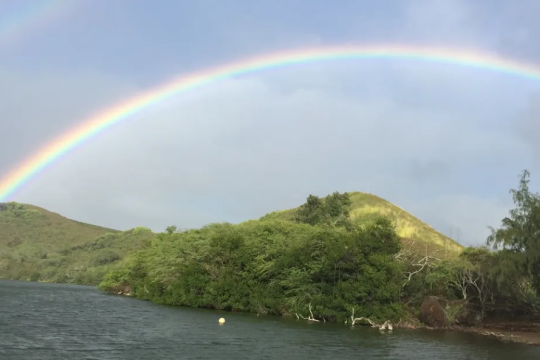 A rainbow over the Nomilo Fishpond on a sunny day.