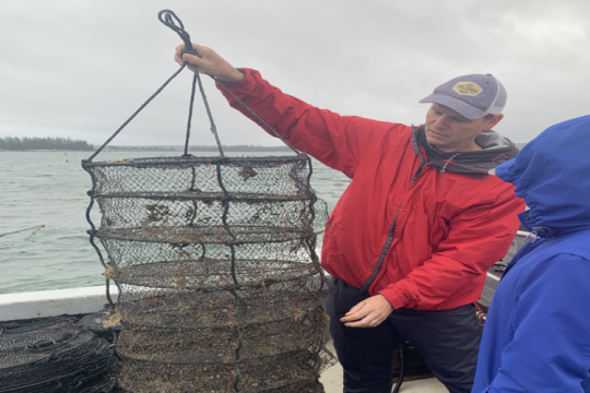 Hugh Cowperthwaite, CEI Senior Program Director for Fisheries and Aquaculture, holds up a lantern net while describing the method of scallop farming with lantern nets hung vertically in the water. Credit: NOAA Fisheries