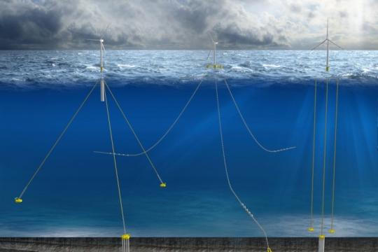 A color graphic showing three wind energy turbines floating upright at the ocean surface and moored to the ocean bottom using different types of mooring lines and anchors.