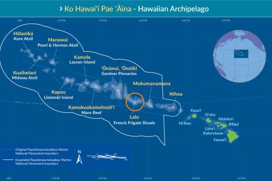 Map of the Hawaiian Archipelago of Papahānaumokuākea Marine National Monument being outlined (original and expanded).