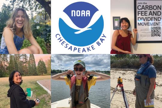 A grid of six blocks: Five are images of smiling young women showing their enthusiasm for NOAA science and healthy habitat; one is the NOAA Chesapeake Bay Office logo