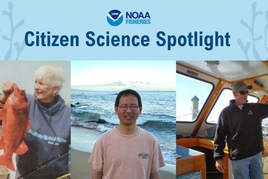 Photos of three people appear side by side - a woman holding a bright red-orange fish, a man with glasses, and a man on a boat. The header of the photo reads "Citizen Science Spotlight."