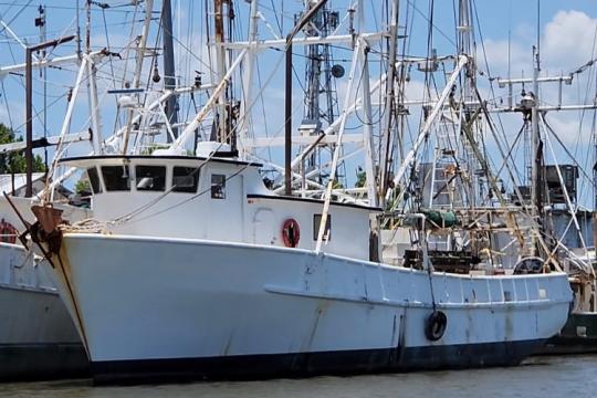 A large white shrimp boat at a dock.