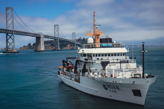 Image of vessel sailing out of port with bridge in the background