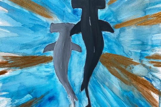 Artwork featuring two scalloped hammerhead sharks swimming in the water with rays of gold, blue, and white paint surrounding them.