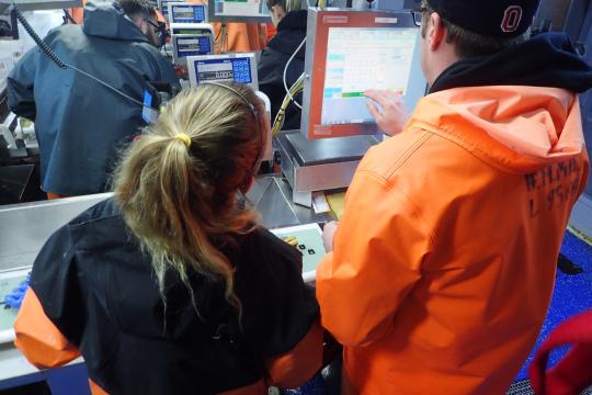 Two scientists/teachers working together at the age processing station. 