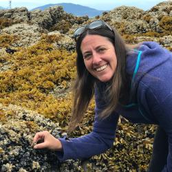Photo of Stori Oates inspecting barnacles in a rocky tidal shore zone.