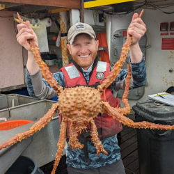 Andrew Olson holds a king crab by two legs