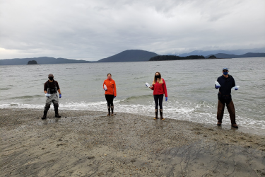 Photo of Alaska Fisheries Science Center genetics researchers on a beach holding bottled sand samples.