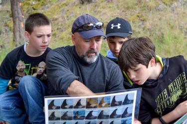 Jeff Hogan hold a post showing identifying features of killer whales