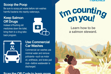 child sits waterside and salmon jumps up out of the water