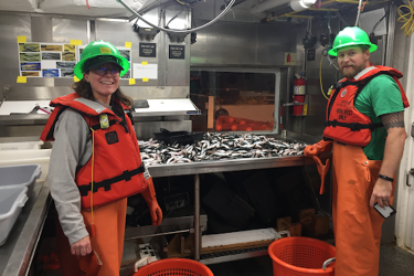 Kristen Koch (left) on the Reuben Lasker conducting a Coastal Pelagics Survey in  2021