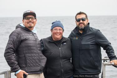 From left to right: Felipe Villegas, Violet Sage Walker, and Juan Rosas on the bow of the R/V Fulmar