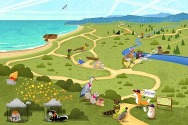 Image of a grassy field with different paths on it. There is a trail head with a bunch of animals standing around and looking at the fox who is the guide. There are also a bunch of animals working on laptops independently and under rain clouds. This image is meant to represent that working alone is not as good as working openly as a team.