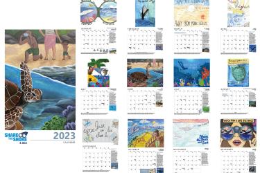 Image of the calendar cover with a sea turtle painting and smaller thumbnail images for each month featuring youth artwork